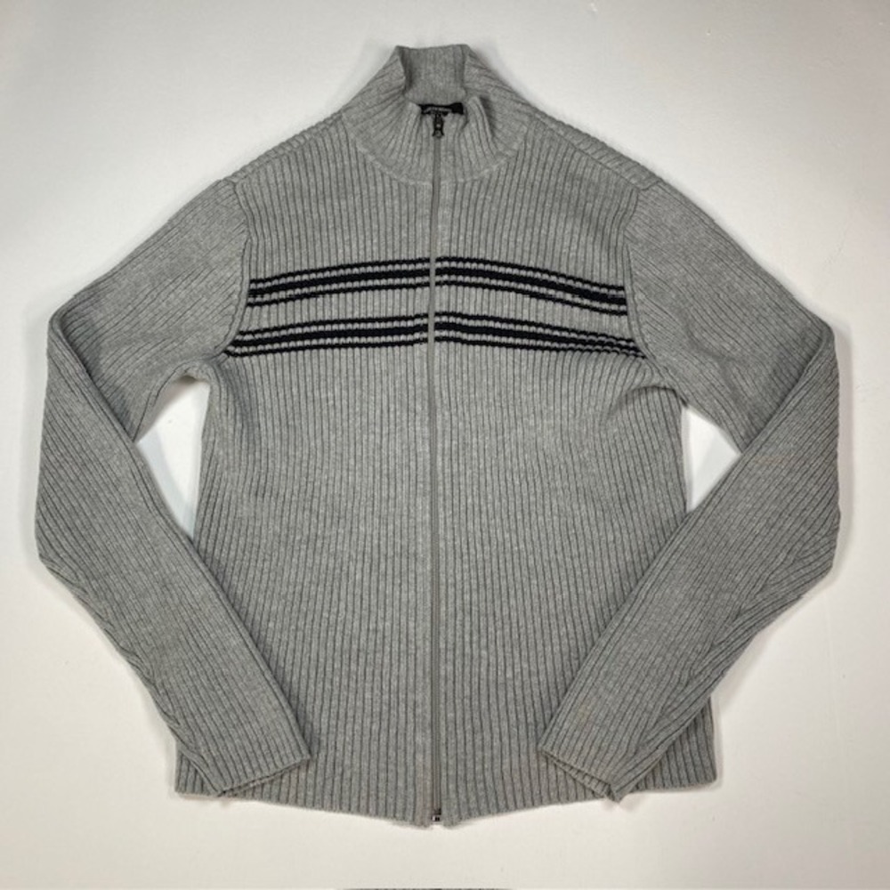 Ralph Lauren Jeans Co. Full Zip Ribbed Knit‎ Gray Striped Cardigan Sweater L